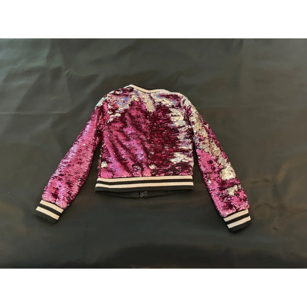 Kids Pink Silver Flip Sequin Bomber Jacket Full Zip Striped Trim Sparkly Coat